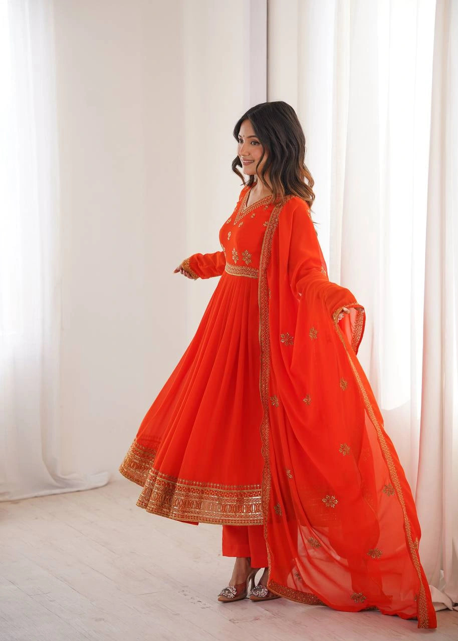 Orange Sequins Embroidered Suit – Anarkali Pant Set with Dupatta Kalyanja